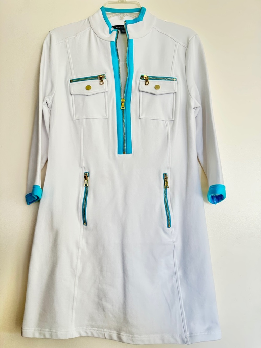 Boston Proper Three Quarter Sleeve Chic Zip Dress. White/Turquoise